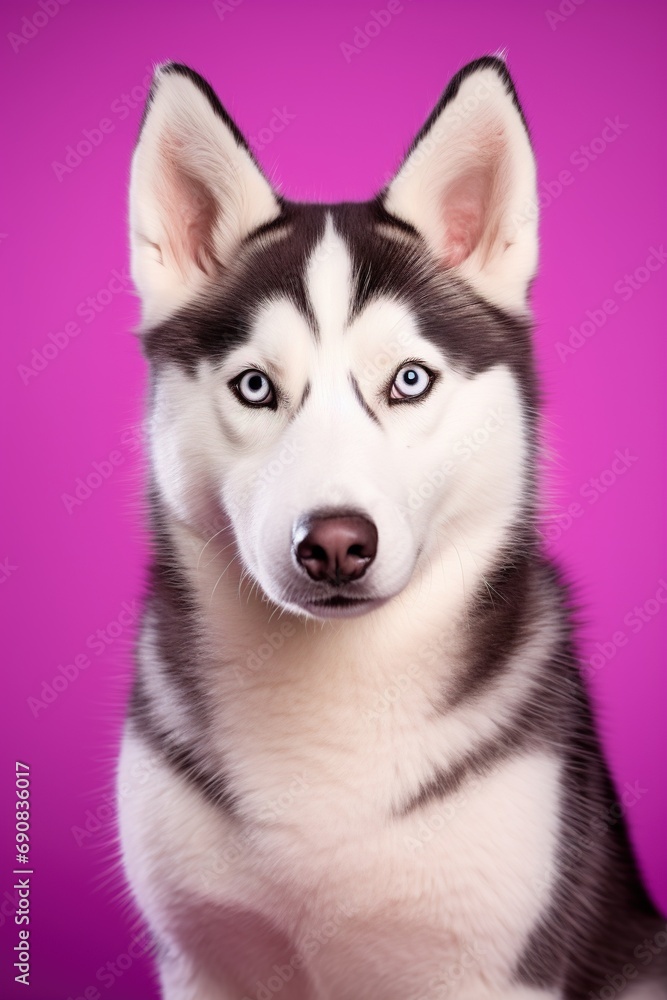 A close-up portrait of a husky dog with blue eyes and a purple background A close-up portrait of a husky dog with blue eyes and a purple background