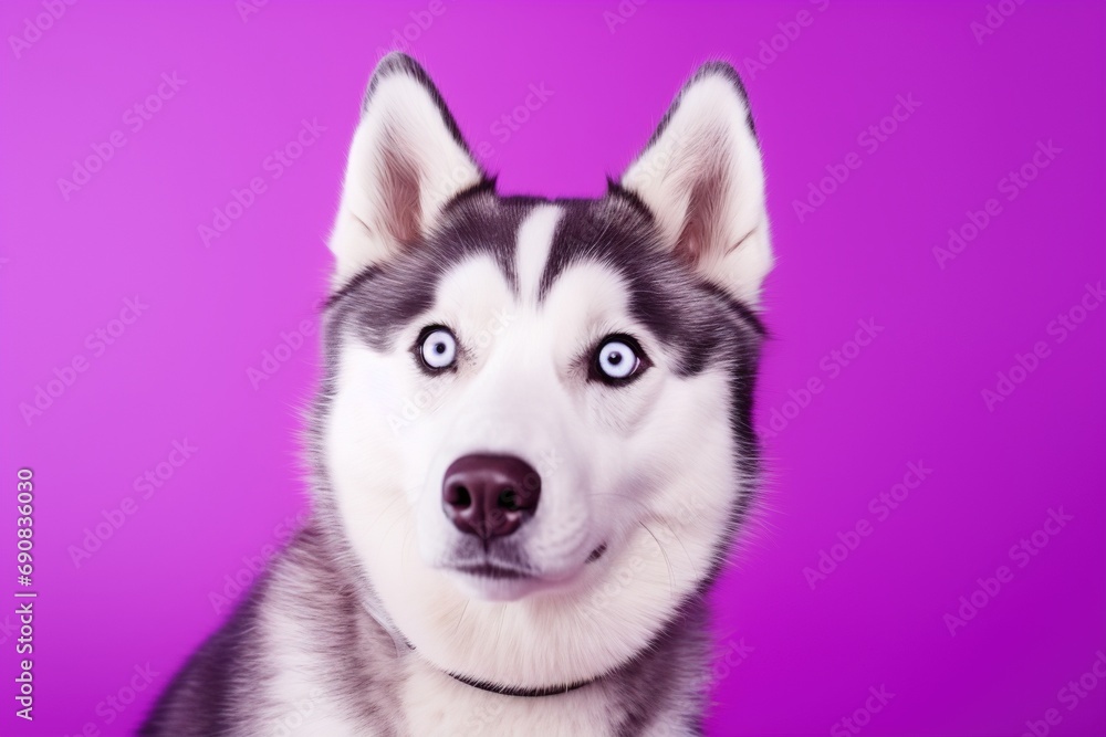 Fototapeta premium A close-up portrait of a husky dog with blue eyes and a purple background