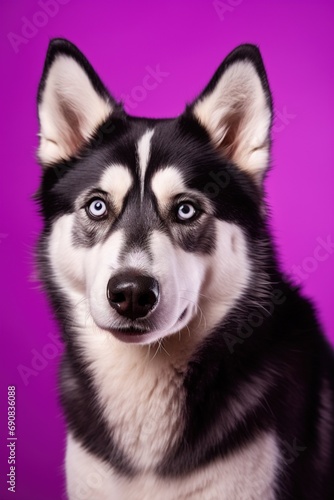 A close-up portrait of a husky dog with blue eyes and a purple background