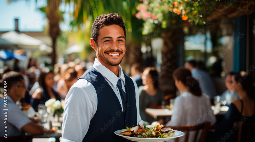 portrait of a smiling waiter working at a daytime event holding a plate - obrazy, fototapety, plakaty 