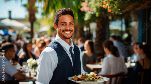 portrait of a smiling waiter working at a daytime event holding a plate