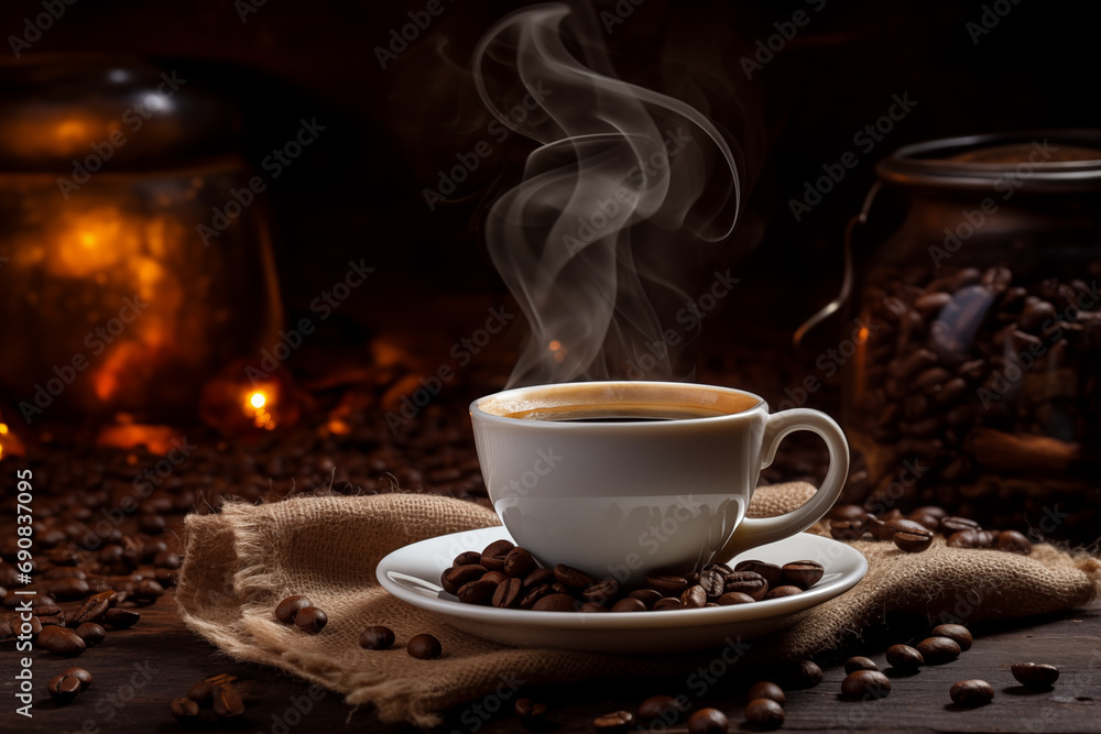 White cup of hot coffee on a saucer and accompanied by scattered whole coffee beans and burlap on rustic wooden table White cup of hot coffee on a saucer and accompanied by scattered whole coffee beans and burlap on rustic wooden table