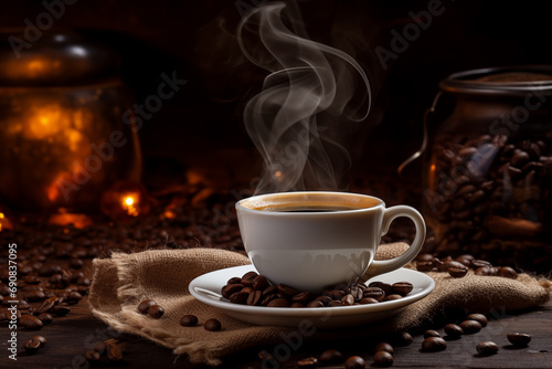 White cup of hot coffee on a saucer and accompanied by scattered whole coffee beans and burlap on rustic wooden table
