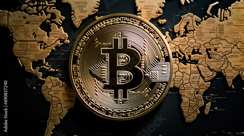Gold Bitcoin coin prominently placed on a  world map.