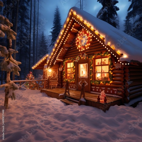 A Log Cabin Decorated With Christmas Lights And Decorations © Bobby