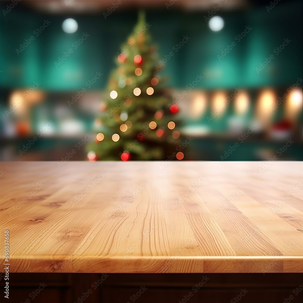 A Wooden Table With A Christmas Tree In The Background A Wooden Table With A Christmas Tree In The Background
