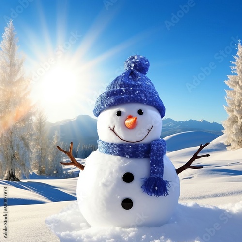A Snowman With A Blue Hat And Scarf Standing In The Snow © Bobby