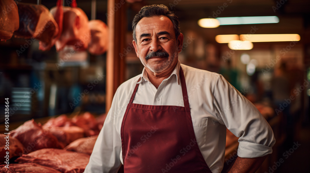 portrait of an adult butcher man with a mustache, wearing a red apron working in his butcher shop portrait of an adult butcher man with a mustache, wearing a red apron working in his butcher shop