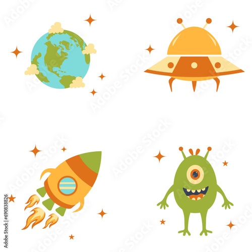 Collection of Outer Space Birthday. In Trendy Cartoon Design. Vector Illustration. 