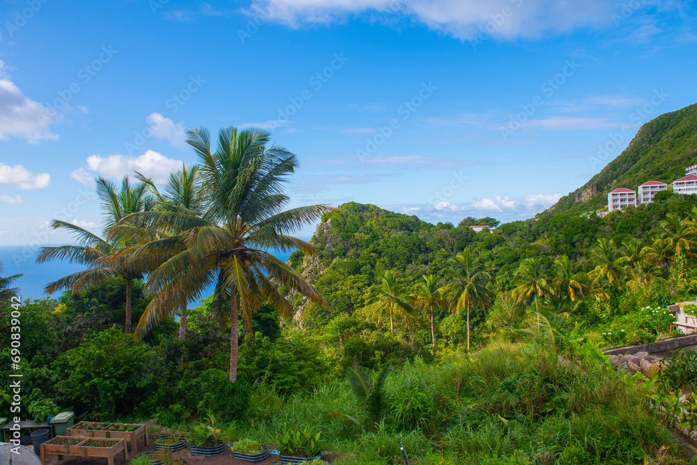 Saba ocean view landscape and Mount Scenery from historic town center of Windwardside in Saba, Caribbean Netherlands. Mount Scenery is a dormant volcano still active today. 