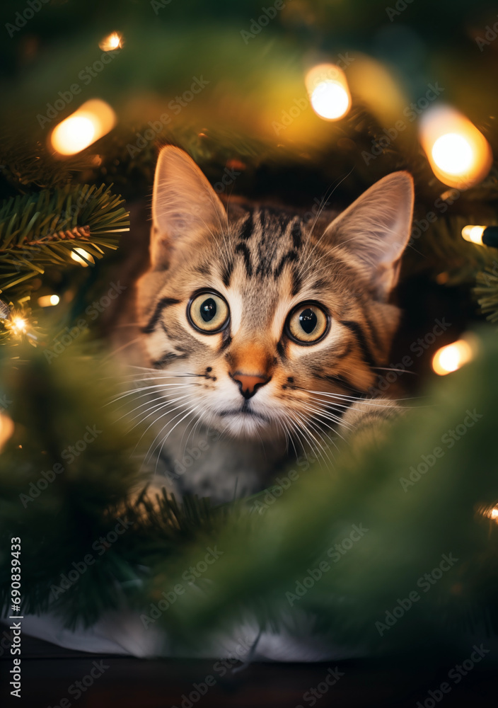 cat sitting under christmas tree, adorable kitten, American Shorthair cat, Shorthair Silver Tabby, cute pet, 