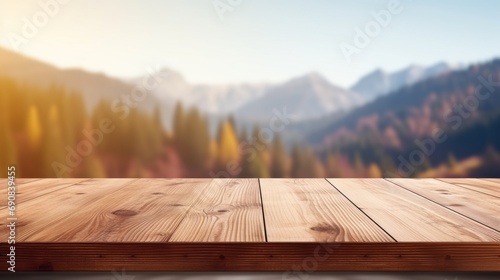 Wooden Terrace blurred and Christmas background Empty Wood table top perspective in front beautiful winter landscape natural sky with light and mountain blur background image for product display © ND STOCK