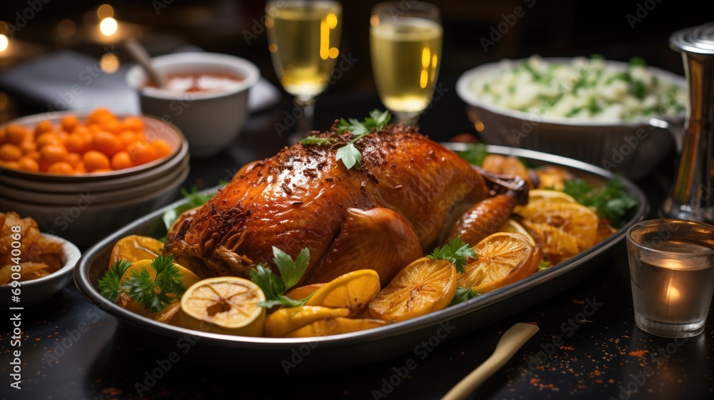 A roasted duck dinner beautifully presented on a table, ideal for culinary websites, festive dining advertisements, or food magazine features. A roasted duck dinner beautifully presented on a table, ideal for culinary websites, festive dining advertisements, or food magazine features.