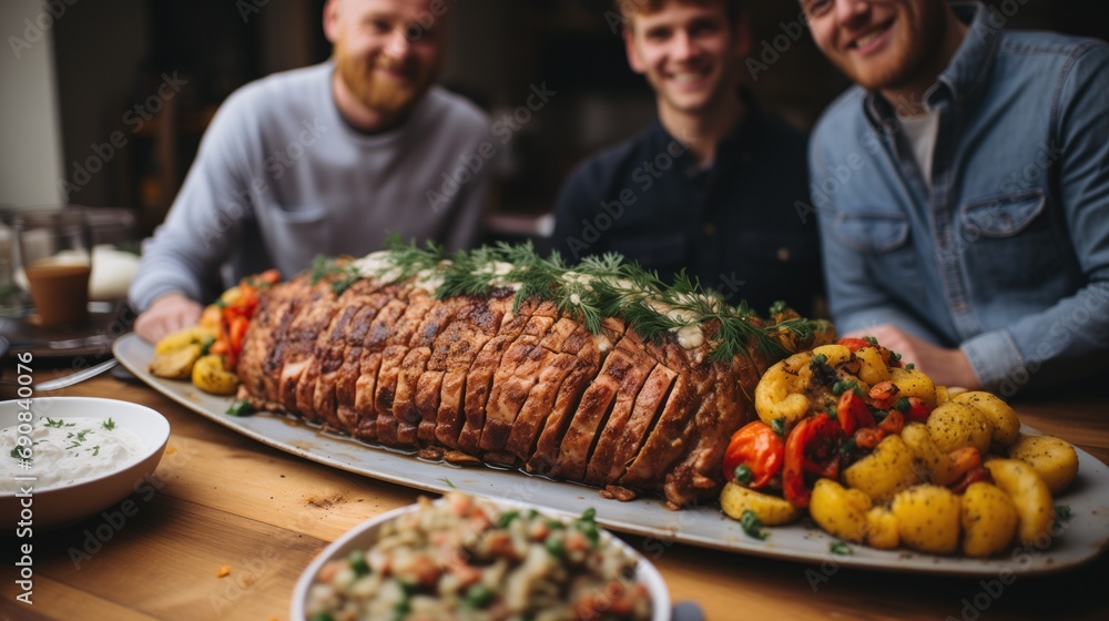 A spiced pork tenderloin on a table surrounded by people, presenting a warm, communal dining scene for use in holiday dining campaigns or social dining app promotions.