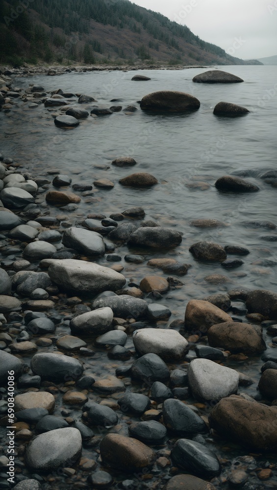 gray stones with body of water digital wallpaper ai generated