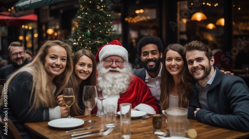 A diverse group of friends sharing a Christmas meal outdoors with a cheerful Santa Claus  an image with high commercial value for holiday marketing and inclusivity campaigns.