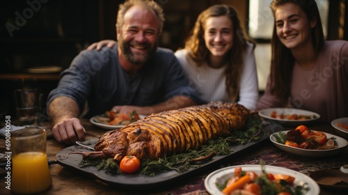A happy family around a festive pork dish  showcasing a joyful meal setting for holiday cookbooks or family dining advertisements.