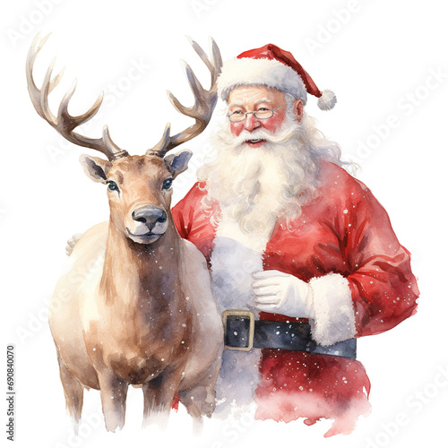 Santa and Reindeer For Christmas Event. Watercolor Style. AI Generated