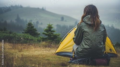 Alone with yourself. Back view of a female hiker enjoys a morning cup of coffee near her tent, alone with nature. The breath of the morning foggy forest and the spirit of freedom. Vertical photo.