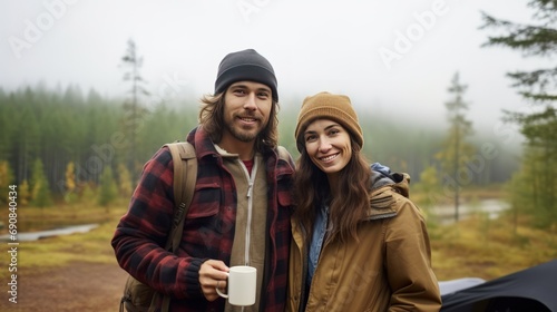 The best start to the day is a mug of hot coffee alone with your loved one. Camping  hiking and love. A couple in love drinks morning coffee near their tent in a foggy forest.