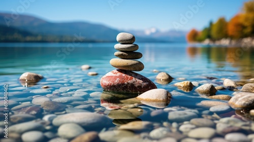 a stone cairn set on the right side against a sea blur background, a tower of stones, simple poise stones embodying simplicity, harmony, and balance, a serene rock zen scene, Coastal Meditation