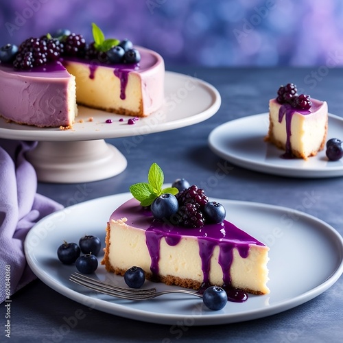 cheesecake slice with berries: product photograph of a freshly baked cake on the table in soft-lightening butter icing garnish with purple chocolate dripping photo