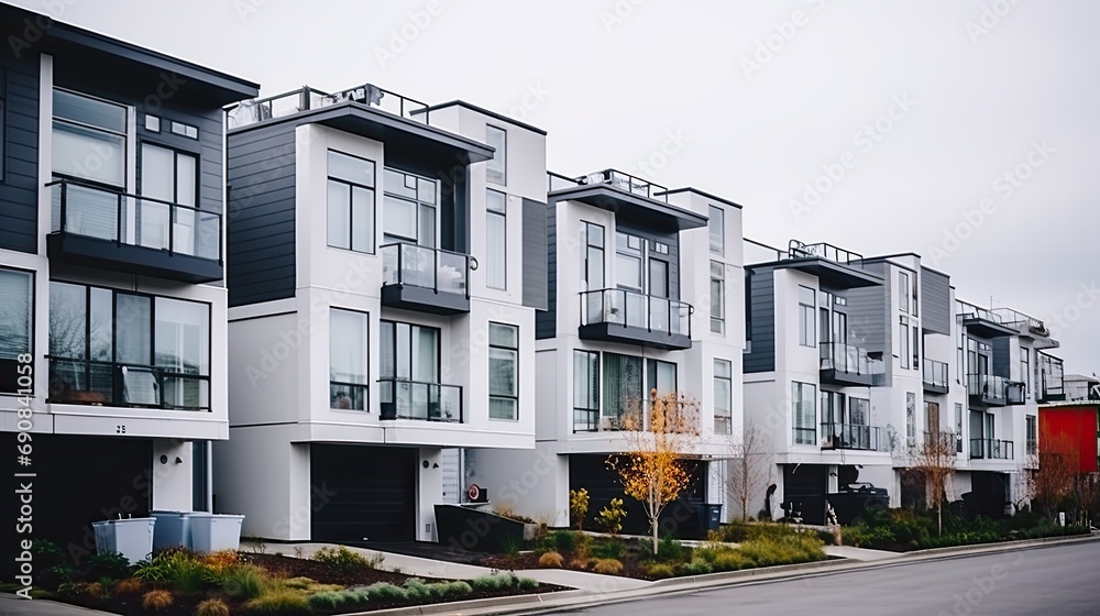 Appearance of residential architecture. Modern modular private townhouses. Residential minimalist architecture exterior. A very modern neighborhood, late afternoon or morning shot.