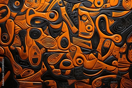 Tribal textiles design on orange and black, in the style of colorful woodcarvings