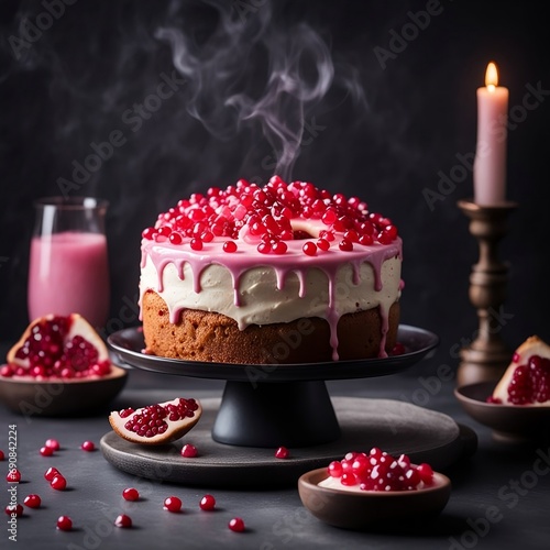 closeup photo of butter sponge cake with pomegranate toppings and whipped cream
