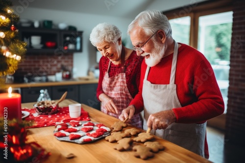 Happy elderly Caucasian couple cooks gingerbread men for Christmas holiday at home. Happy man and woman enjoy baking snacks for grandchildren. Cheerful grandparents make biscuits in kitchen