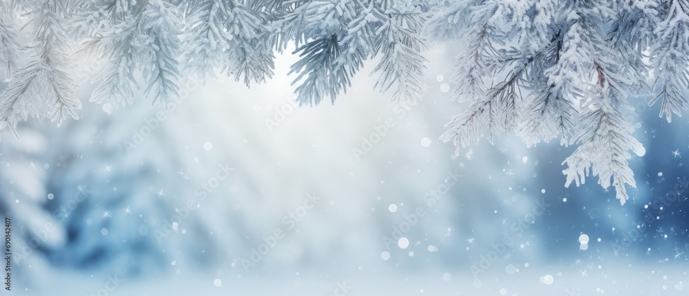 Winter holiday background with frosty pine branches and falling snowflakes. Seasonal greeting card design.