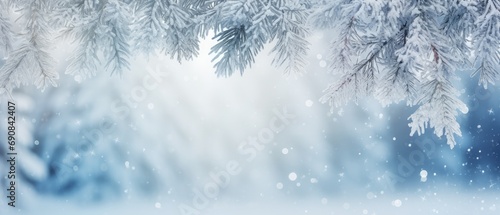 Winter holiday background with frosty pine branches and falling snowflakes. Seasonal greeting card design. © Postproduction