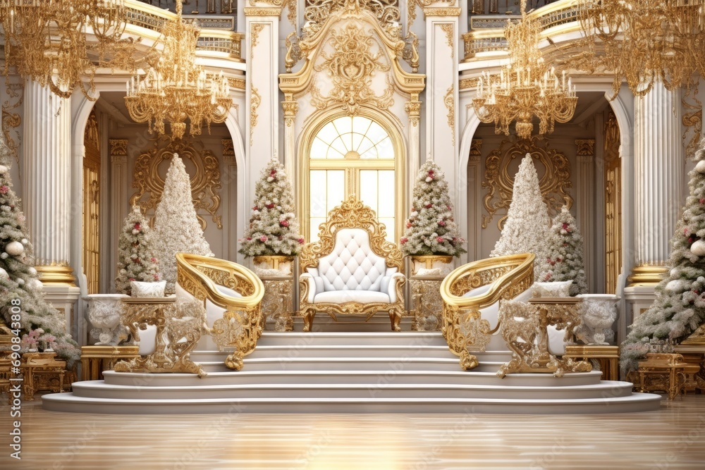 Opulent Christmas themed hall with grand staircase and festive decorations. Holiday luxury interior. - obrazy, fototapety, plakaty 