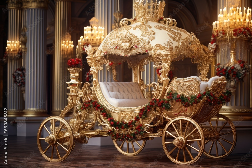Luxurious vintage carriage adorned with Christmas decorations. Holiday elegance and celebration.