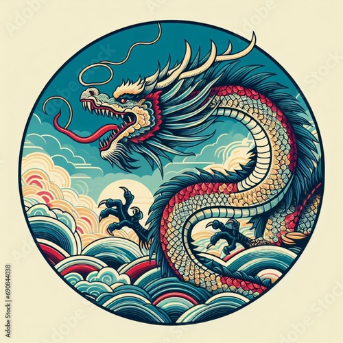 illustration of colorful dragon. vintage style. ai generated © Raffaza