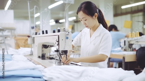 Focused young Asian woman tailor with appearance sews things from natural fabric using sewing machine at clothes making factory. Handwork and sewing with help of mechanism.