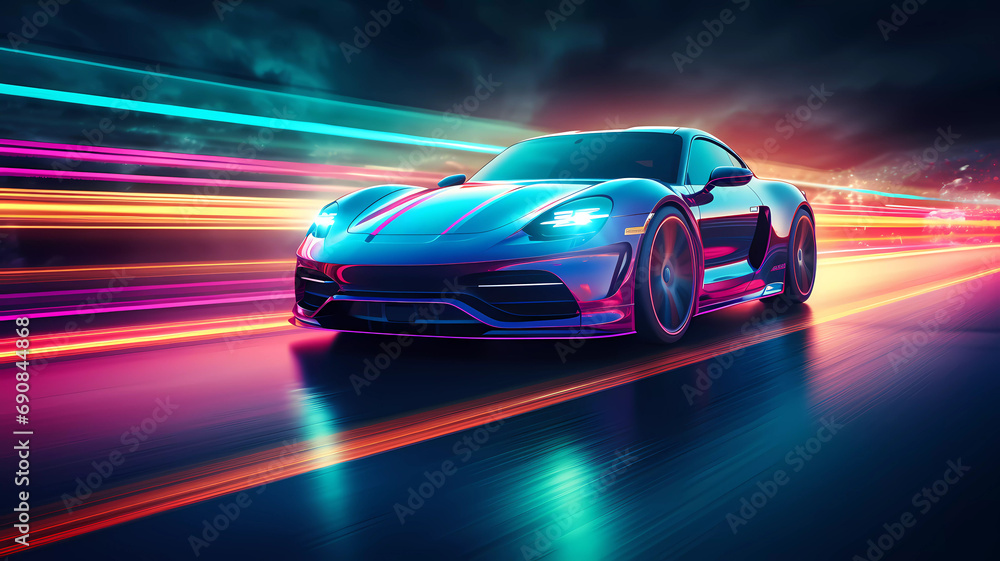 Futuristic supercar moving on high way in a night city, with neon lights.