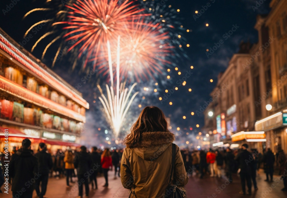 AI generative image of a woman and fireworks in the sky in the city, view behind the woman, blurred people in the city at night with fireworks sky.