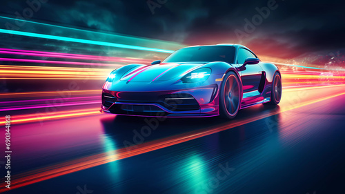 Futuristic supercar moving on high way in a night city  with neon lights.