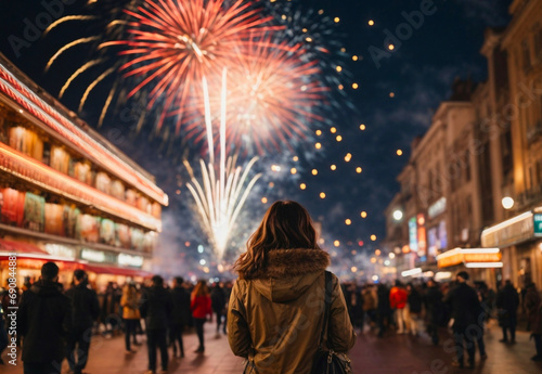 AI generative image of a woman and fireworks in the sky in the city, view behind the woman, blurred people in the city at night with fireworks sky.