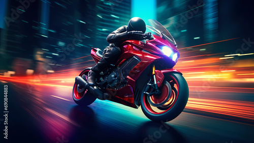 Racing motorcycle on speedway in a night city, with neon lights.