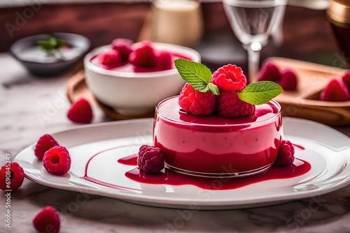 Sweet panna cotta with raspberry sauce that is delicious photo