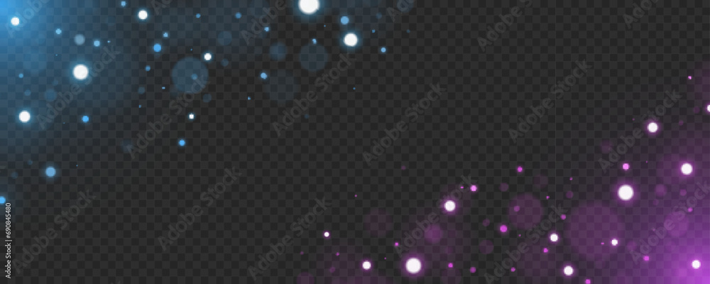Abstract blue and purple lights bokeh with bright glares isolated on dark transparent background. Vector illustration. - obrazy, fototapety, plakaty 