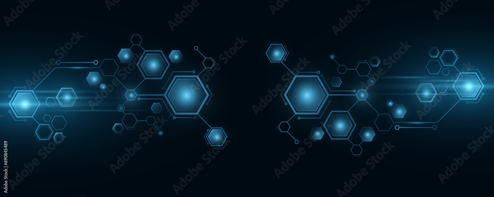 Futuristic background of digital glowing sci-fi hexagons. Artificial intelligence and neural networks cover. Big data. Vector illustration.