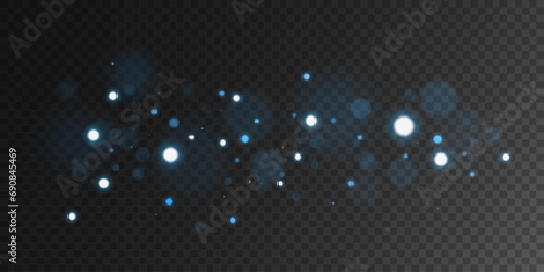 Abstract blue lights bokeh with bright glares isolated on dark transparent background. Vector illustration.