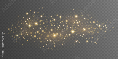 Abstract dynamic golden magic dust with bright lights bokeh isolated on dark transparent background. Vector illustration.