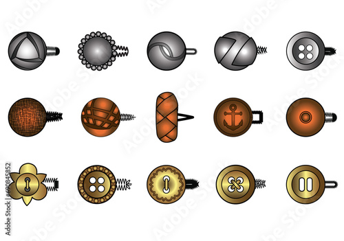 Metal Buttons flat sketch vector illustration set, different types of Shirt Buttons, Shank button, Flat buttons and Decorative buttons for fasteners, dresses garments, Jeans, Clothing and Accessories photo