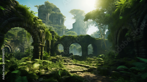 A mystical jungle scene with ancient ruins and a stone bridge with arches, lush greenery and misty fog in the background. Lost civilization for a wallpaper