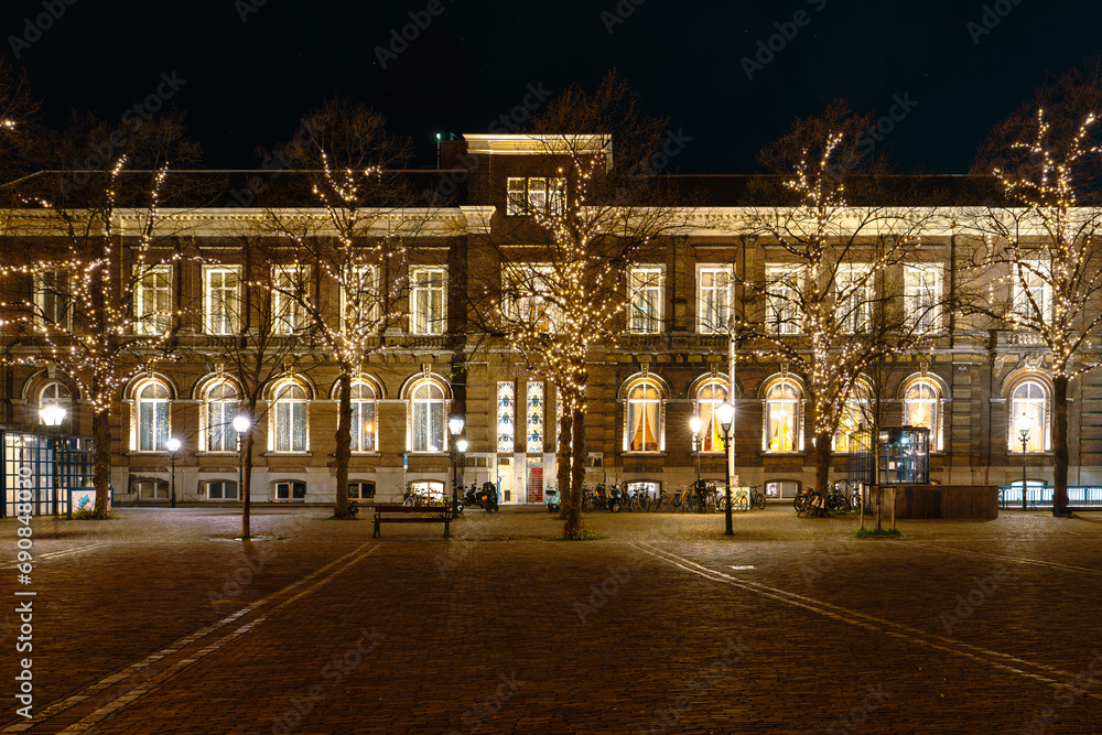 Explore the enchanting cityscape of The Hague, Netherlands at night, with the sparkling lights of the city shining under the starry sky, creating a captivating and serene atmosphere.