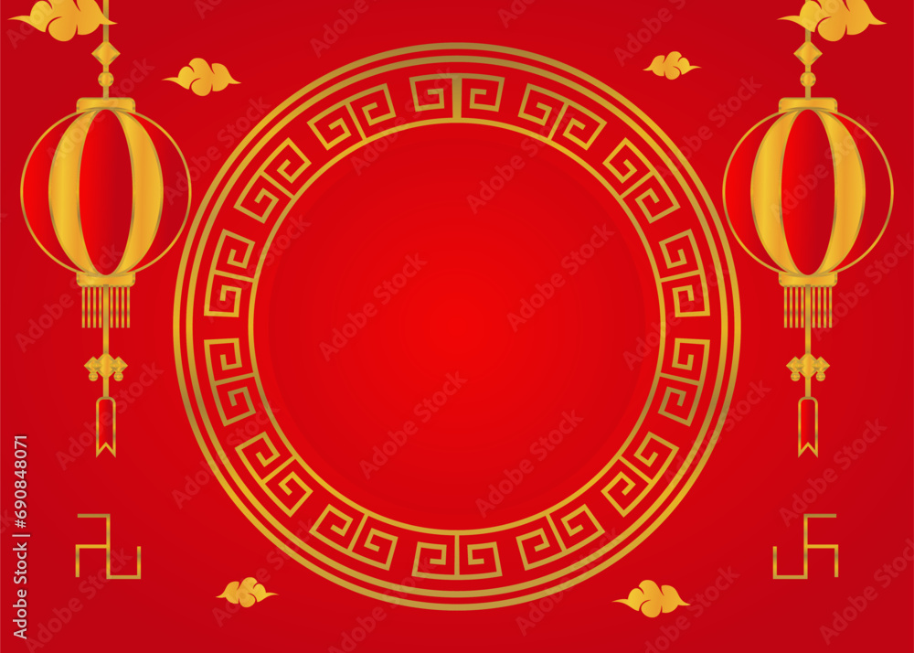 red Chinese new year background. Chinese new year greeting card with circle for sale products. vector design with golden chinese frame ornament and lantern. red Chinese new year background. Chinese new year greeting card with circle for sale products. vector design with golden chinese frame ornament and lantern.